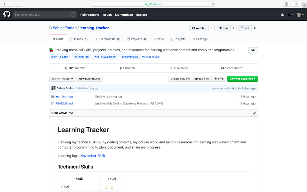 screen shot of learning tracker